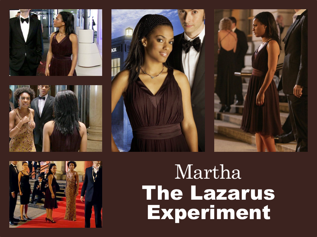 Selection of images of Martha's outfit from The Lazarus Experiment. A sleeveless knee-length wine red evening dress in a chiffony material that is gathered at the waist. High-heeled black shoes.