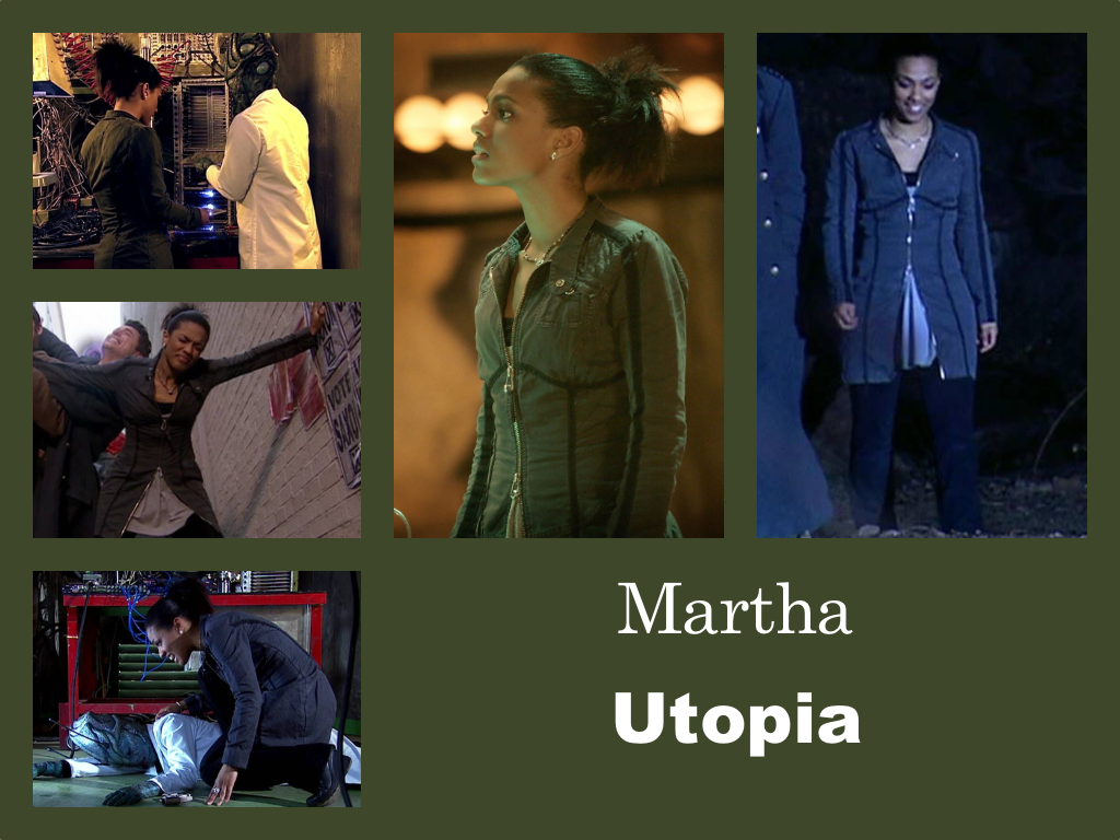 Selection of images of Martha's outfit from Utopia. A green hip length zipped jacket with black detailing along the seams. Under it seems to be a short grey dress/tunic over a low-cut black top. Black trousers and shoes.