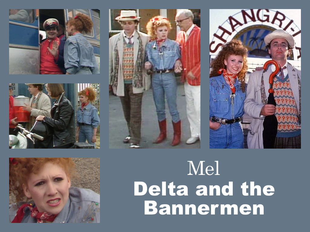 Selection of images of Mel's outfit from Delta and the Bannermen. A denim shirt with rhineshone decoration on the back and pockets. Blue jeans. Red cowboy boots. A red neckerchief.