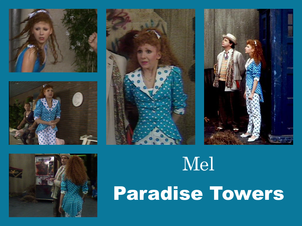 Selection of images of Mel's outfit from Paradise Towers.  White trousers with big blue spots paird with a blue jacket with white spots, cut lower at the back than the front to give a bit of an appearance of a tail coat.  This is over a matching blue swimsuit.