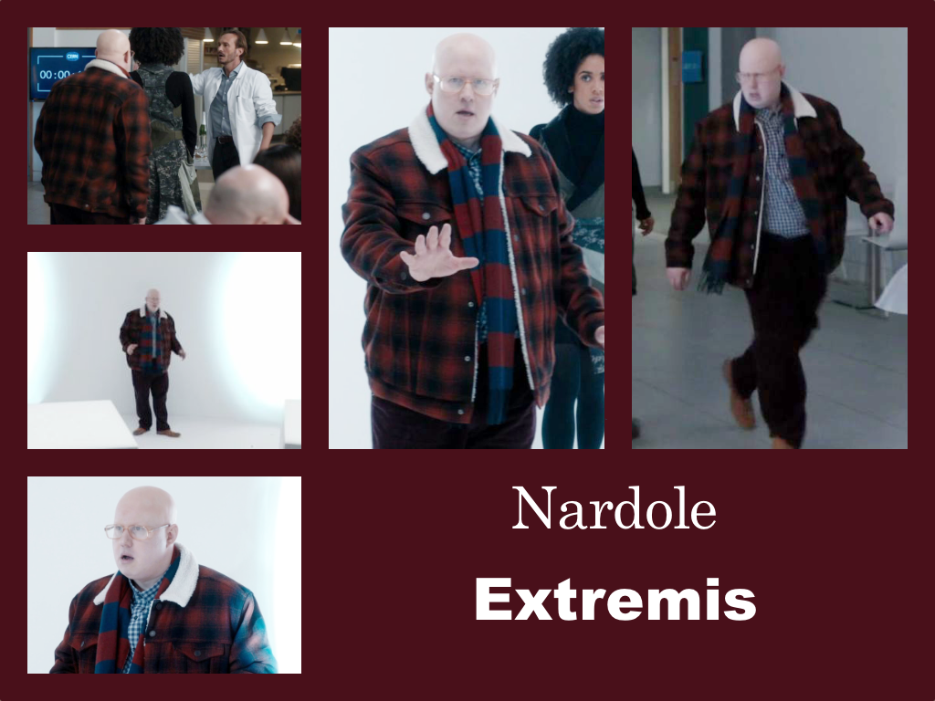 Selection of images of Nardole's outfit from Extremis.  Black trousers and brown shoes.  A blue shirt with a small check.  A warm-looking jacket with a large red and black check.  A red and blue scarf.