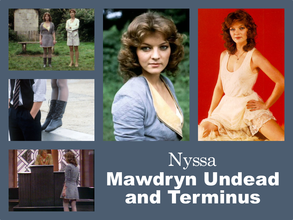 Selection of images of Nyssa's outfit from Mawdryn Undead.  A matching mini-skirt and jacket in a blue leather/suede material.  The jacket fastens up one side with a zip which then opens to form a wide lapel in yellow.  Matching blue boots.  Under it all is a white slip with a lacey skirt.