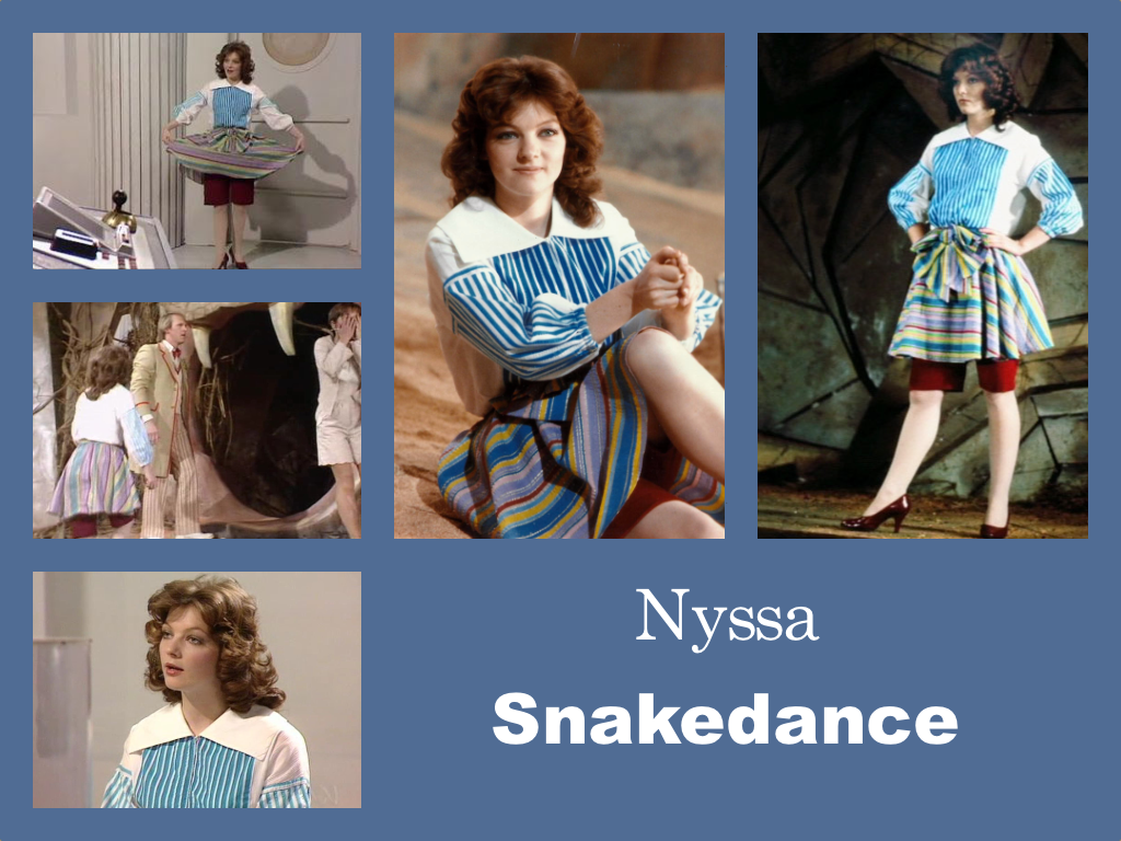 Selection of images of Nyssa's outfit from Snakedance.  Red high heels and red knee-length shorts.  Over this a stripey full skirts in blues, yellows and purples with a large bow at the front.  A white shirt with a wide collar and blue vertical stripes.