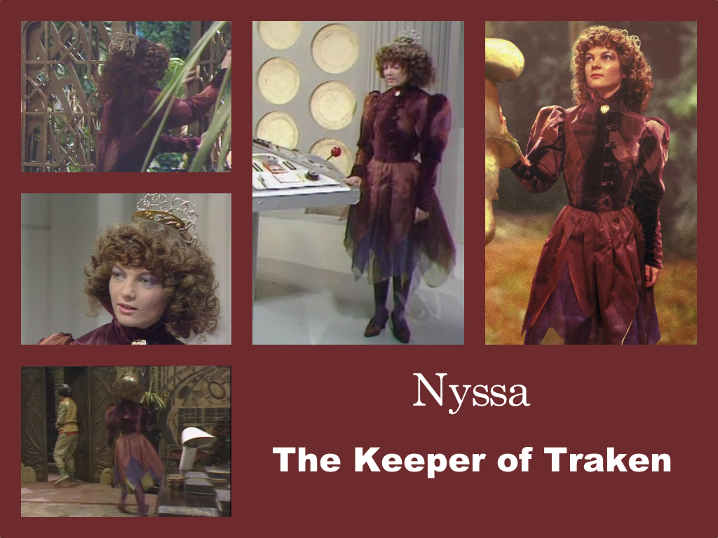 Selection of images of Nyssa's outfit from The Keeper of Traken. A red velvet top with puffed sleevse and a patchwork look. A fairy skirt consisting of layers of netting in first green then purple petal shapes, with a red satin top layer. Purple tights and heeled shooes. A golden filigree hair piece.