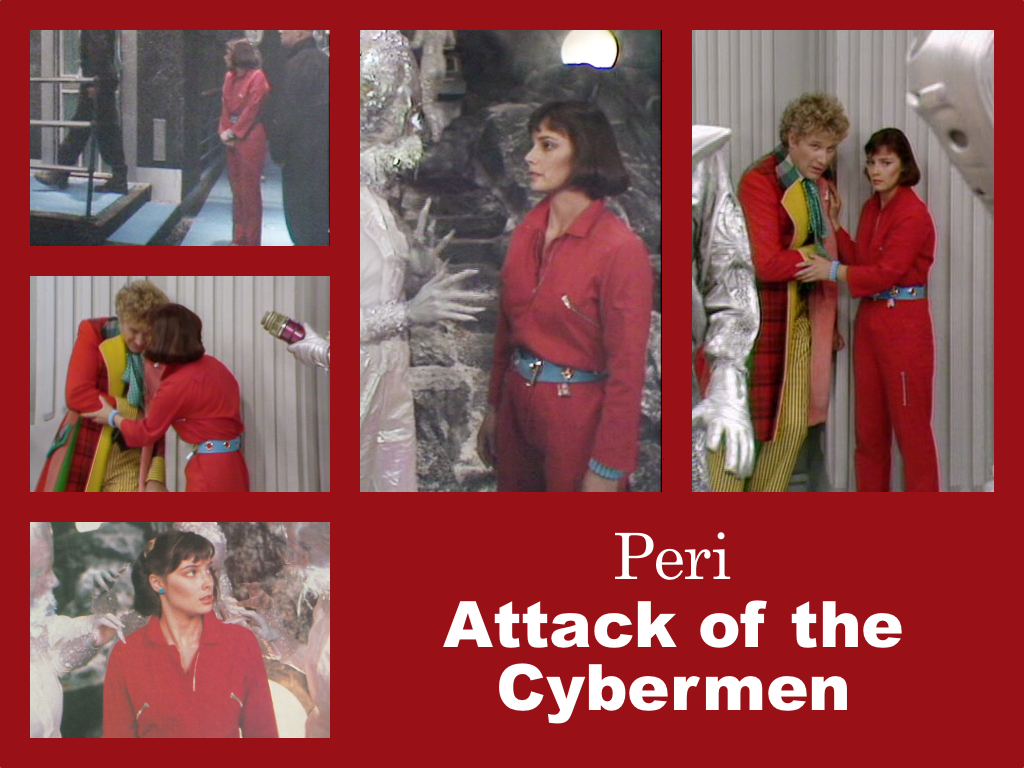 Selection of images of Peri's outfit from Attack of the Cybermen.  A red jumpsuit with a blue belt and matching blue bracelet. 