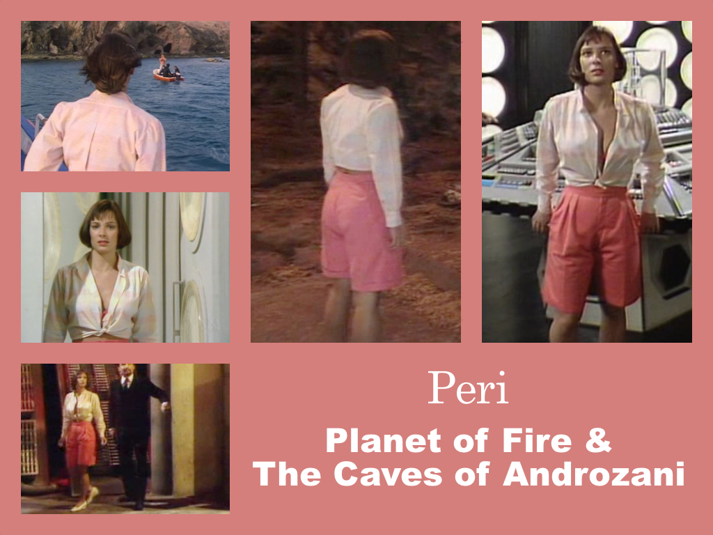 Selection of images of Peri's outfit from Planet of Fire and The Caves of Androzani. Pink knee-length shorts. An open white top tied at the waist with a faint pink design. White low-heeled shoes.