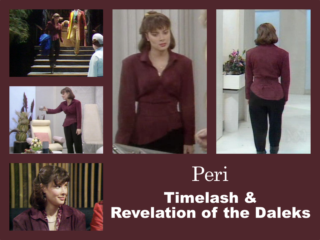 Selection of images of Peri's outfit from Timelash and Revelation of the Daleks. Black trousers and pixie boots. A long sleeved V-necked wine red top. It has a wide waistband and is cut asymmetrically below it. Underneath it in one photo is some kind of decorative red shirt.