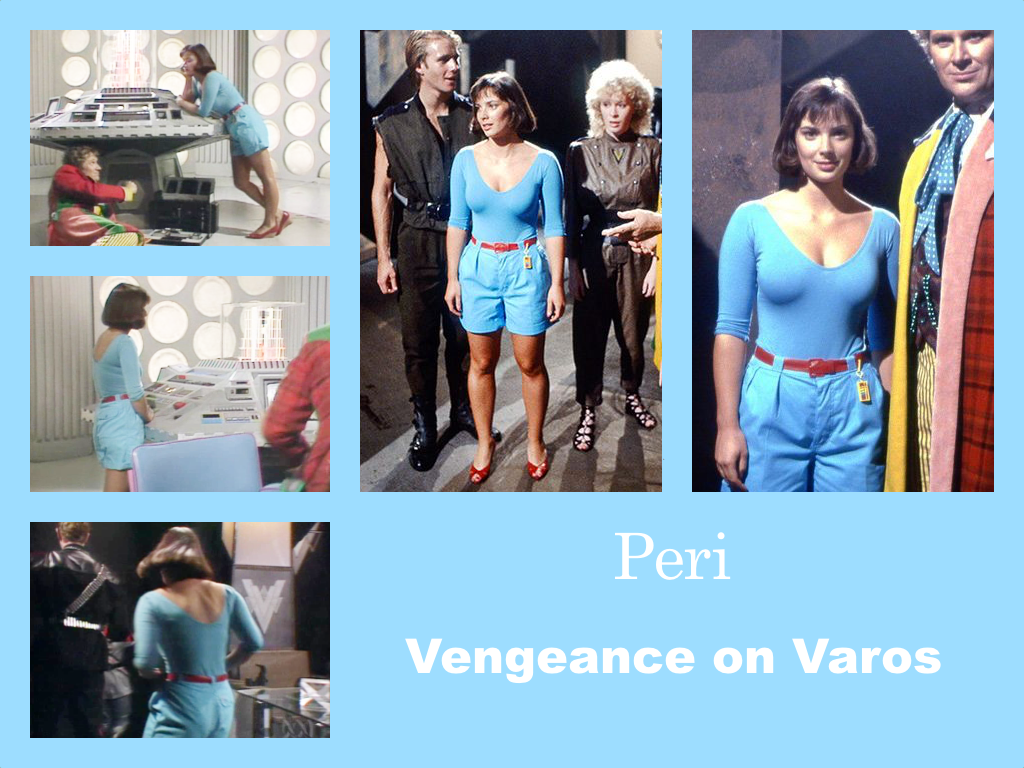 Selection of images of Peri's outfit from Vengeance on Varos. A blue leotard and shorts with a red belt and red toeless shoes.