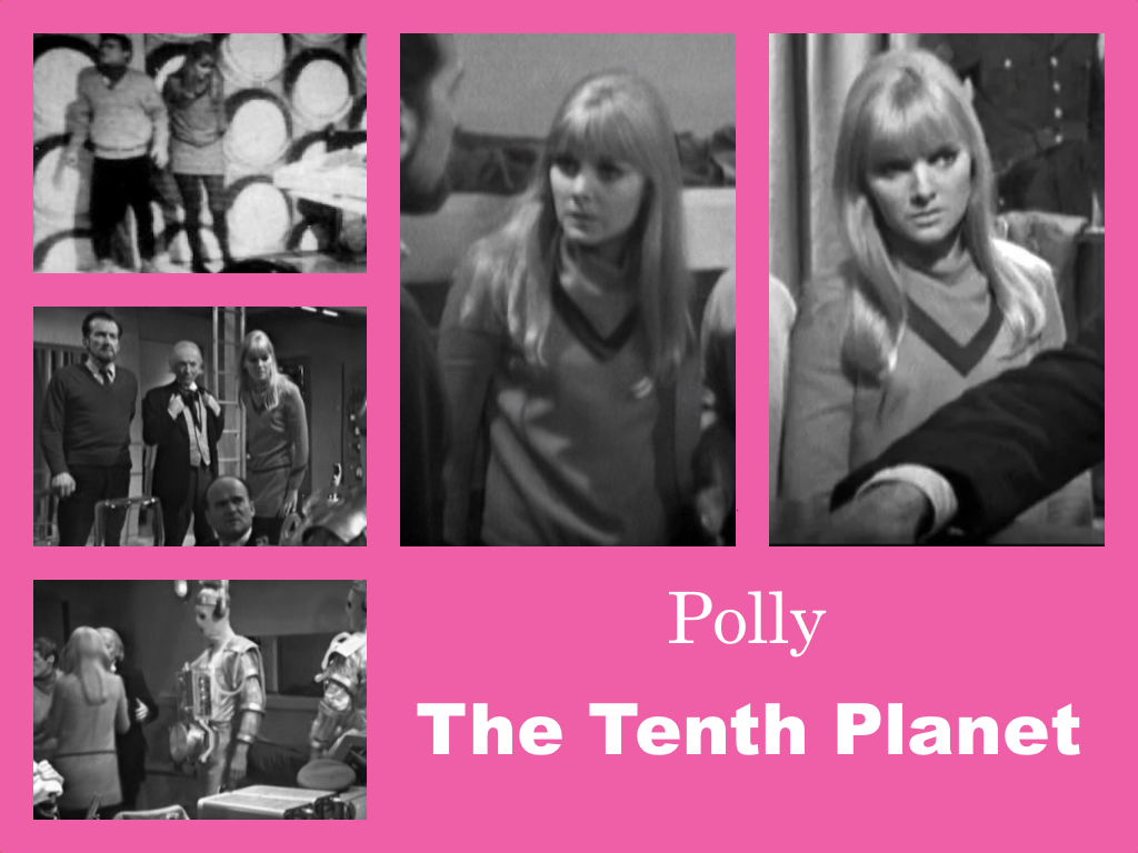 Selection of images of Polly's outfit from The Tenth Planet. A pale mini-dress with a loose high collar and bold V-shaped detail at the neck. Dark leggings.