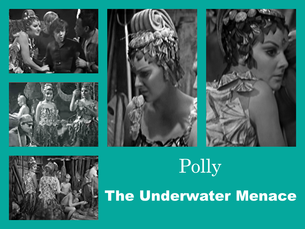 Selection of images of Polly's outfit from The Underwater Menace. A sleeveless top with sea shells stuck all over it. A seaweed skirt. A headress with what is possibly supposed to be a wave curling up over the top.