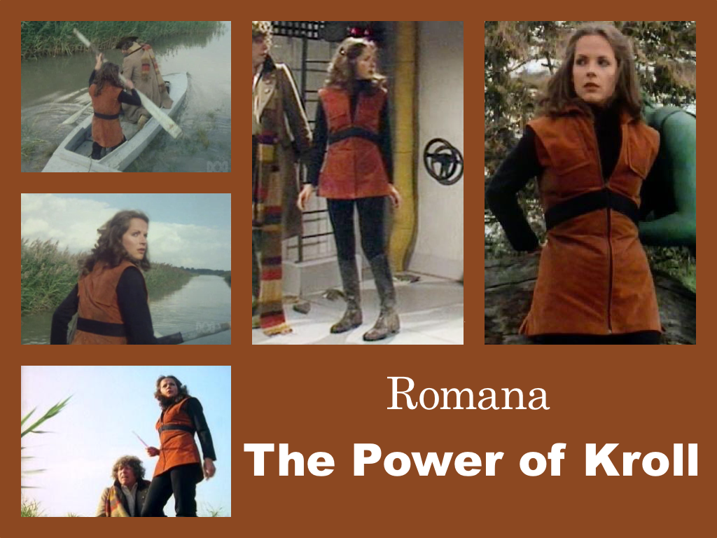 Selection of images of Romana's outfit from The Power of Kroll. Black leggings and knee-length practical boots. An orangey red corduroy zip-up sleevless tunic with a black chevron at the waist and breast pockets over a long-sleeved black top with a polo neck.