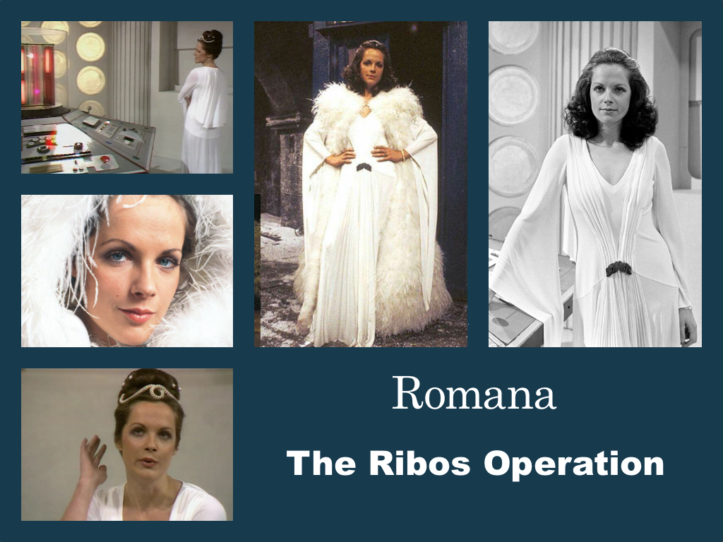 Selection of images of Romana's outfit from The Ribos operation. A long white goan gathered into pleats at the front. Wide sleeves that reach almost to the ground. A headress made from a string of pearls and a floor length white fur coat.