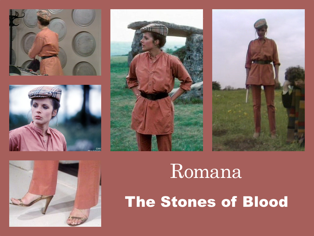Selection of images of Romana's first outfit from The Steones of Blood. Gold, high-heeled strappy sandals, pink trousers with a pink shirt loose over the top and belted at the waist. Hair up under a flat cap.