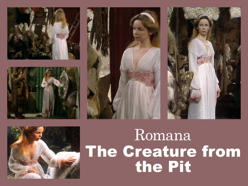 Selection of images of Romana's outfit from The Creature from the Pit. A long floaty white dress with pink shading at the bottom. It is gathered at the waist by a pink beaded boddice laced at the front. The sleeves are elasticated wiht long cuffs with pink shading at the end. Silver boots. White hairband.