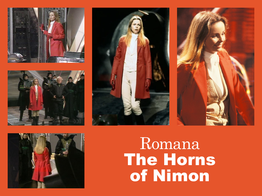 Selection of images of Romana's outfit from The Horns of Nimon. A hunting inspired ensemble with black knee-length boots, white jodphurs, an almost knee-length red jacket with red leather gloves. An Ivory embroidered waistcoat and a high necked white shirt with a white cravat.