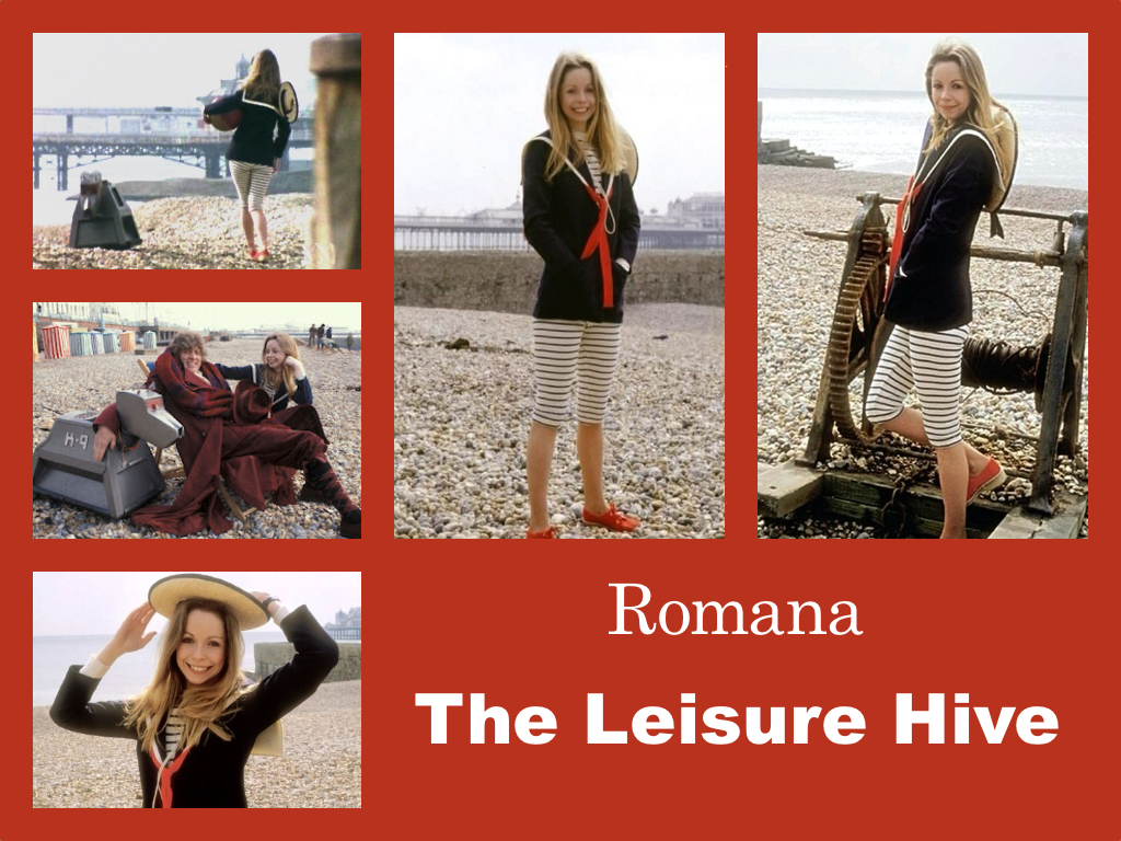 Selection of images of Romana's outfit from The Leisure Hive. A blue sailor top with a red tie at the front. This is over a blue and white striped top and knee-length leggings. A straw had with a blue edging around the rim finishes the outfit. Red beach shoes.