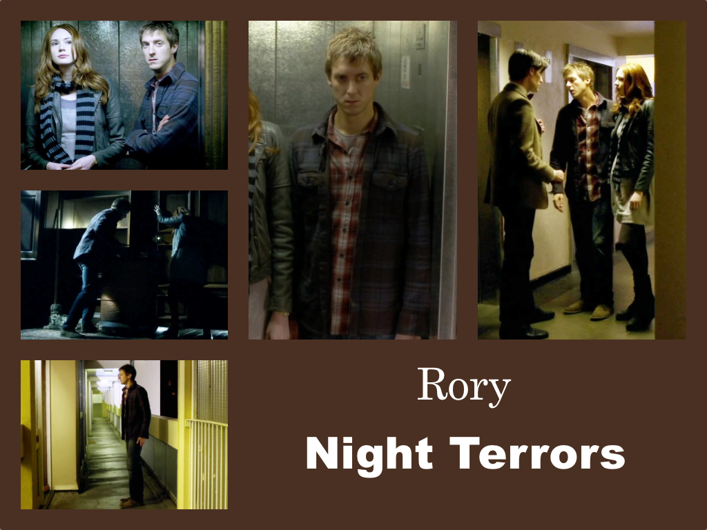 Selection of images of Rory's outfit from Night Terrors. Blue jeans, a red and white plaid shirt and a blue and black cloth jacket over it.
