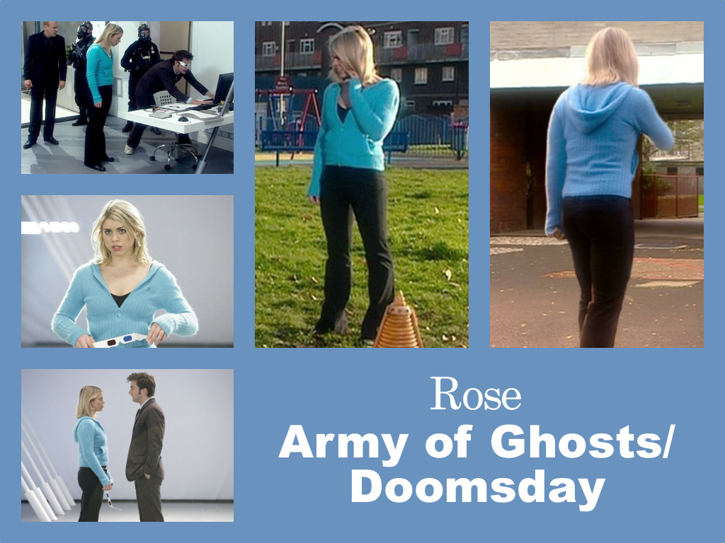 Selection of images of Rose's outfit from Army of Ghosts. A baby blue slightly fluffy zip up cardigant. Black trousers and a tight-fitting black top visible under the cardigan.