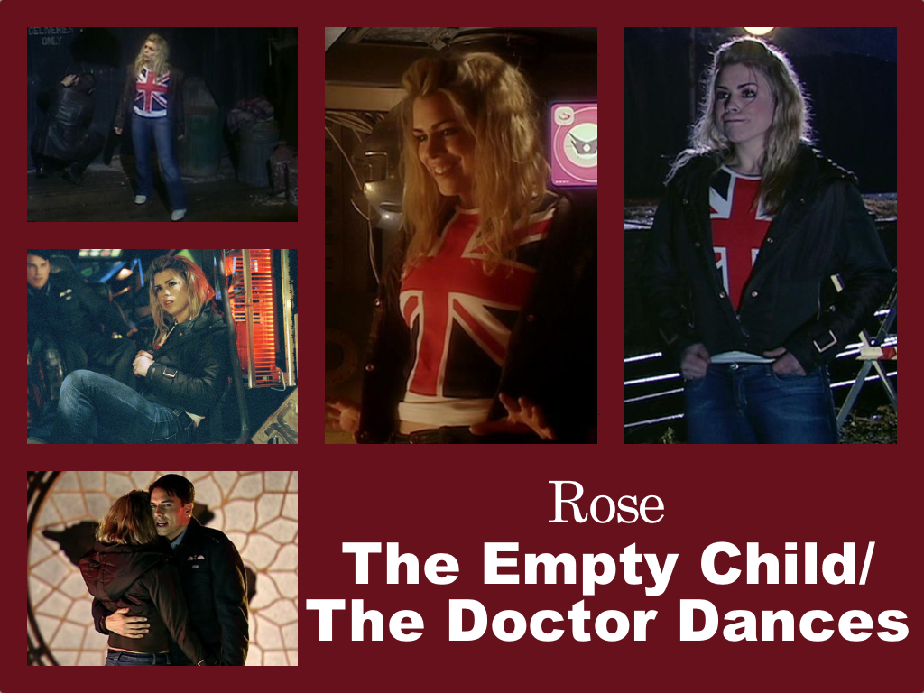 Selection of images of Rose's outfit from The Empty Child/The Doctor Dances. Blue jeans and white trainers, a puffy dark blue jacket with a hood and a union jack T-Shirt.
