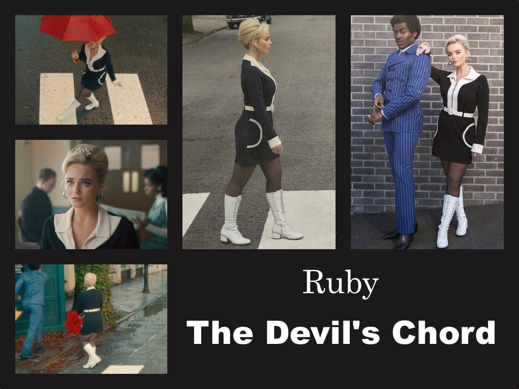 Selection of images of Ruby's outfit from The Devil's Chord. A mini-dress with bold white detailing on the pockets, a white belt with a circular buckle and a white collar and stripe down the front zip to the belt. White lace up boots.