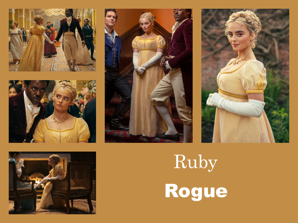 Selection of images of Ruby's outfit from Rogue. A long yellow regency cut dress. Long white gloves. A see-through over-skirt with a pattern of white dots. Gold necklace and earrings.
