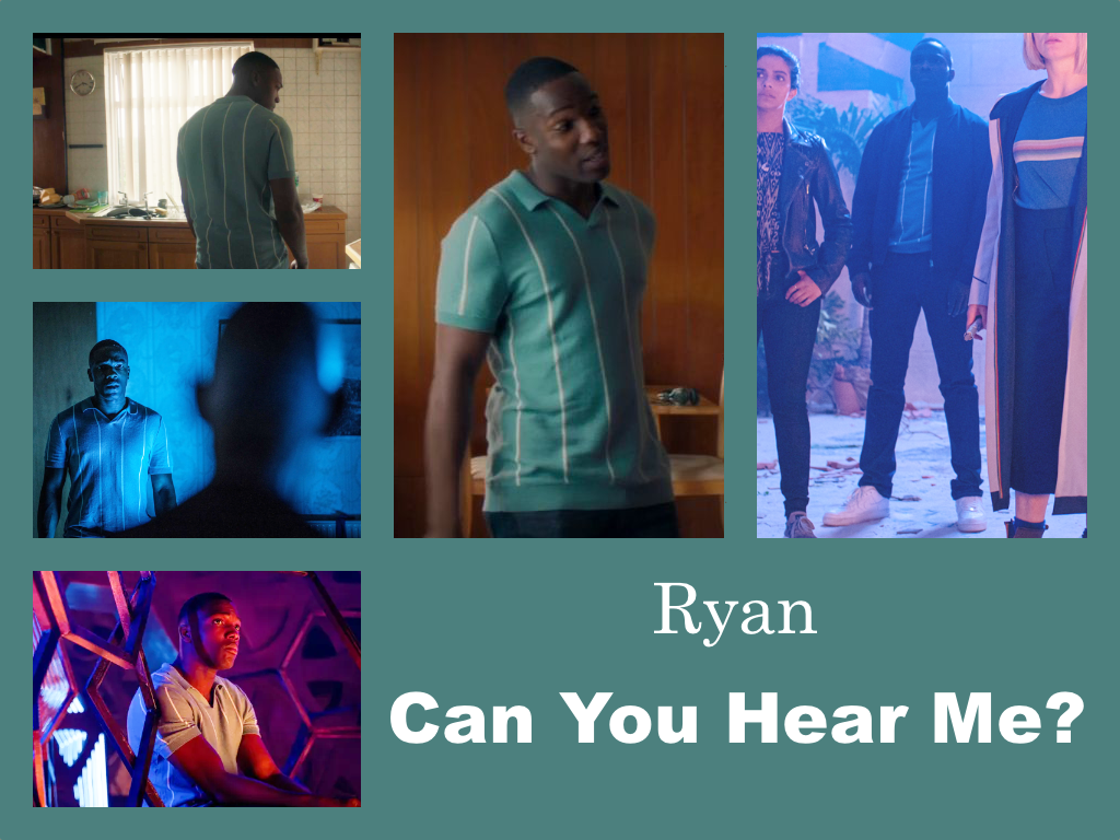 Selection of images of Ryan's outfit from Can You Hear Me? A blue green polo shirt with thin white vertical stripes. Black trousers and white trainers. In one shot he wears a jacket over this.