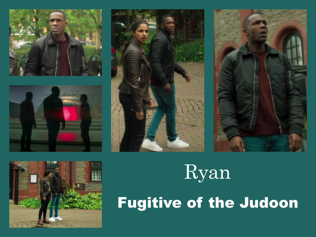 Selection of images of Ryan's outfit from Fugitive of the Judoon. Turquoise jeans (possibly due to the lighting?) A black anorak. Red pullover. White trainers.