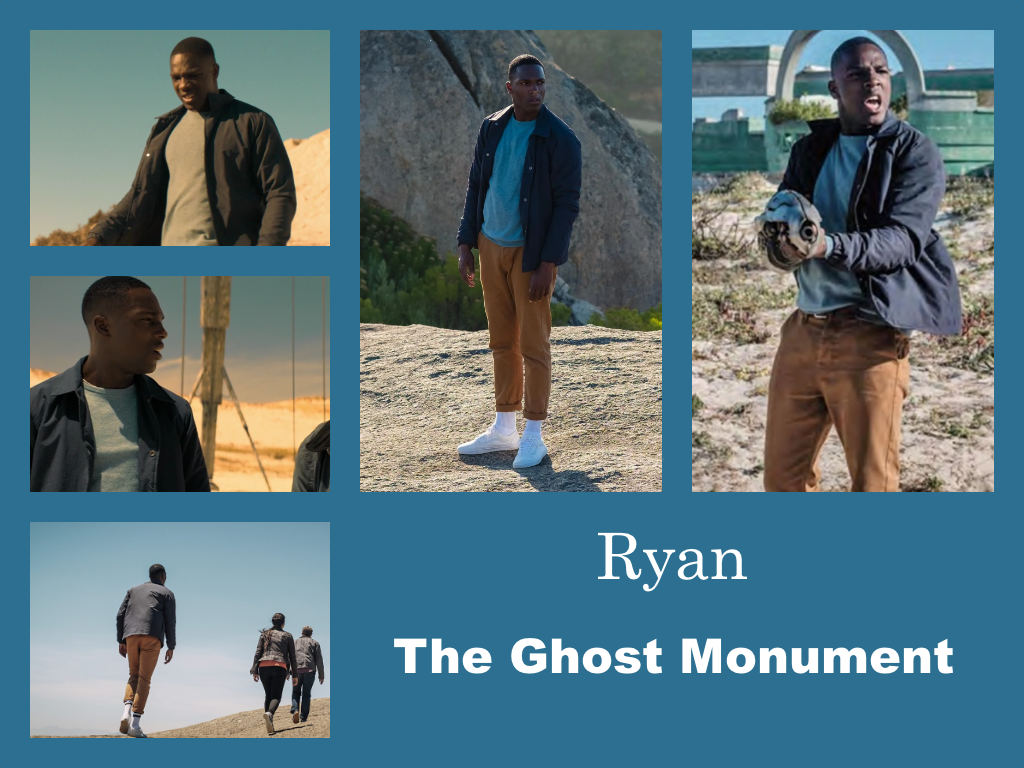 Selection of images of Ryan's outfit from The Ghost Monument. Orange trousers rolled up at the bottom. White socks and trainers. A pale blue loosely fitting T-shirt. Dark blue jacket.