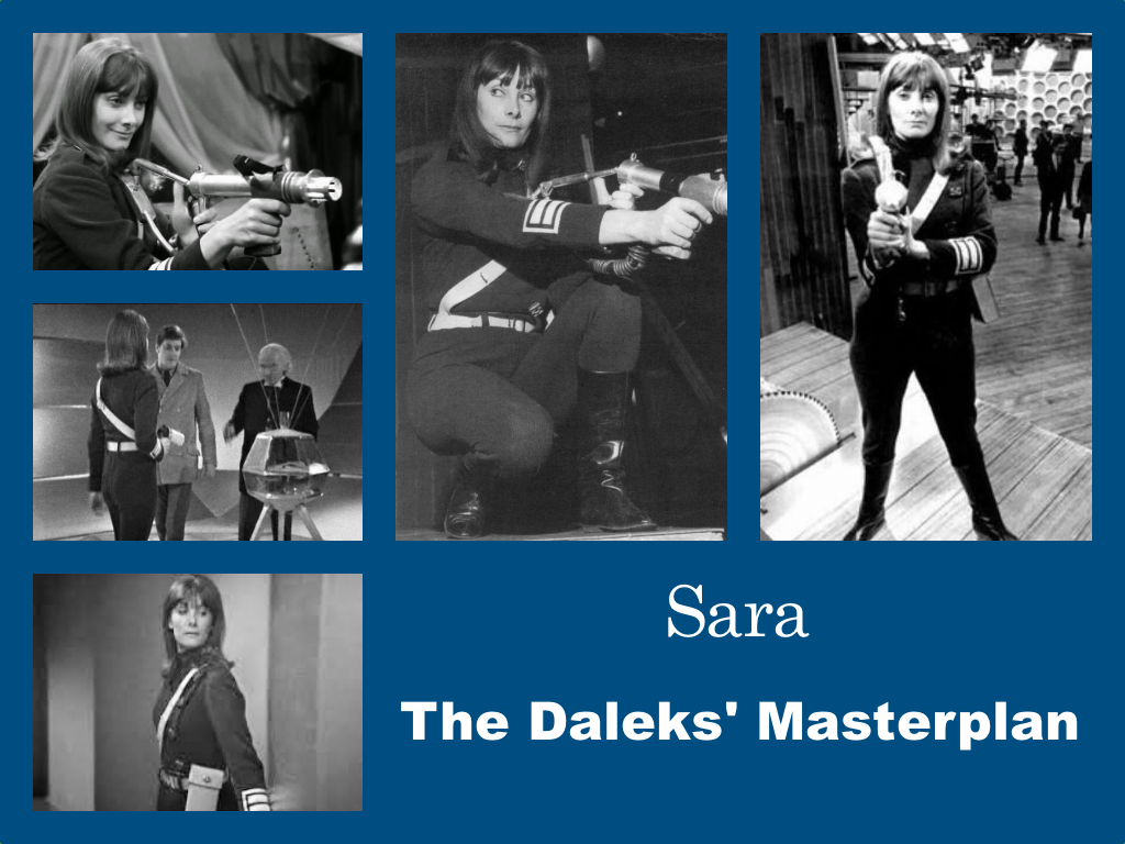 Selection of images of Sara's outfit from The Daleks Masterplan. A black jumpsuit with a white belt and diagonal strap across one shoulder. A white design of two stripes with a rectangle around them is on the lower half of the sleeves. She has a box-like white pouch attached to the belt. Black leather boots and a gun.