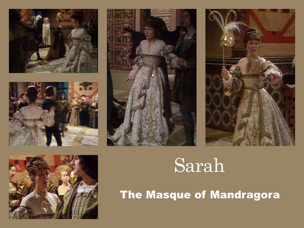 Selection of images of Sarah's outfit from The Masque of Mandragora. An Italian Renaissance gown in white and gold with asymetrical overskirts, puffed sleeves and a mask with feathers.