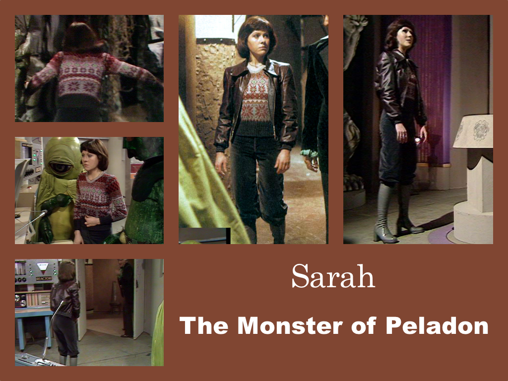 Selection of images of Sarah's outfit from The Monster of Peladon. A black leather jacket over a jumper with a red snowflake pattern. Black trousers tucked in grey knee-length boots with a high chunky heel.