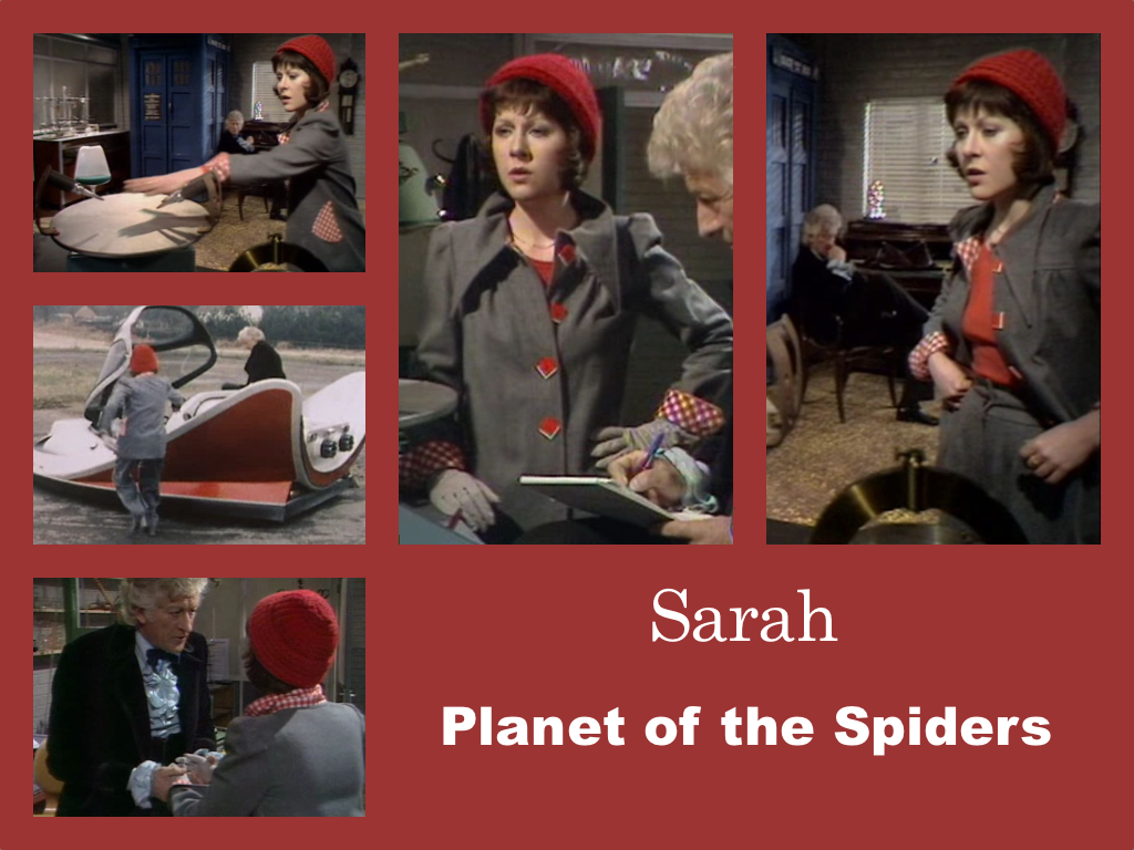 Selection of images of Sarah's outfit from Planet of the Spiders.  A red beanie hat.  Grey gloves.  A grey trouser suit with red check detailing on cuffs and pockets and diamond shaped red buttons.  A red top underneath.