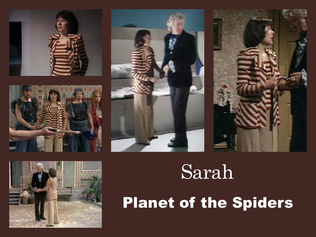 Selection of images of Sarah's outfit from Planet of the Spiders. Wide white trousers. A red and white striped top. Over this a soft jacket in a similar red and white stripe.