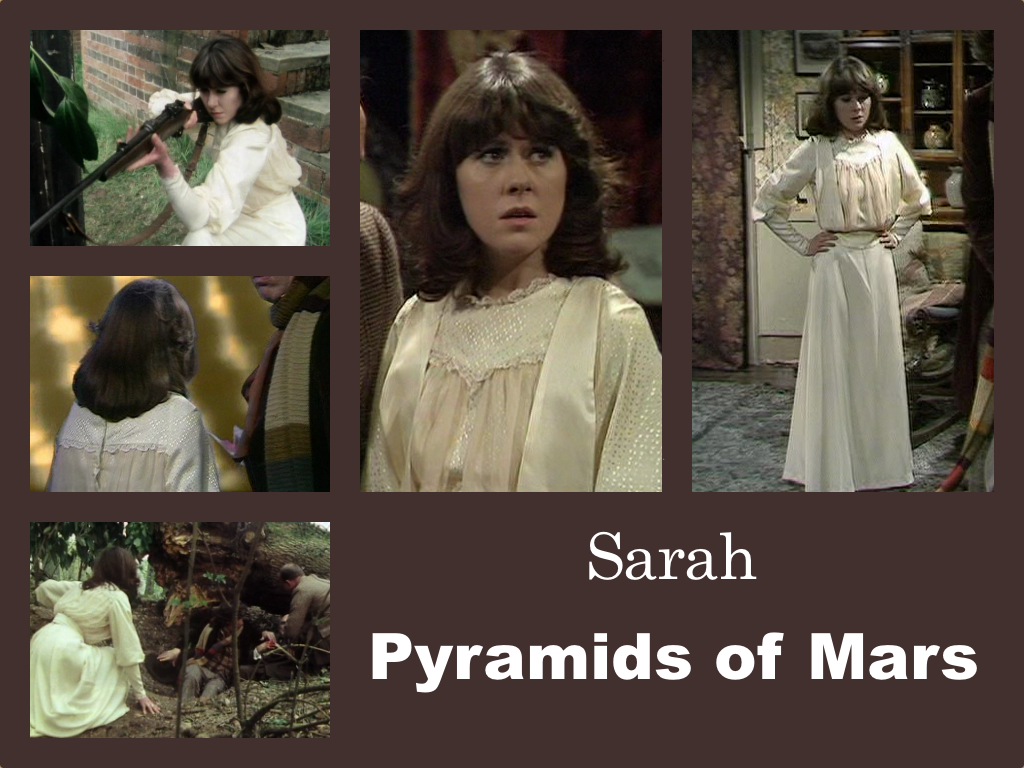 Selection of images of Sarah's outfit from Pyramids of Mars. A long white dress with decorative spots on the sleeves and across the neck.