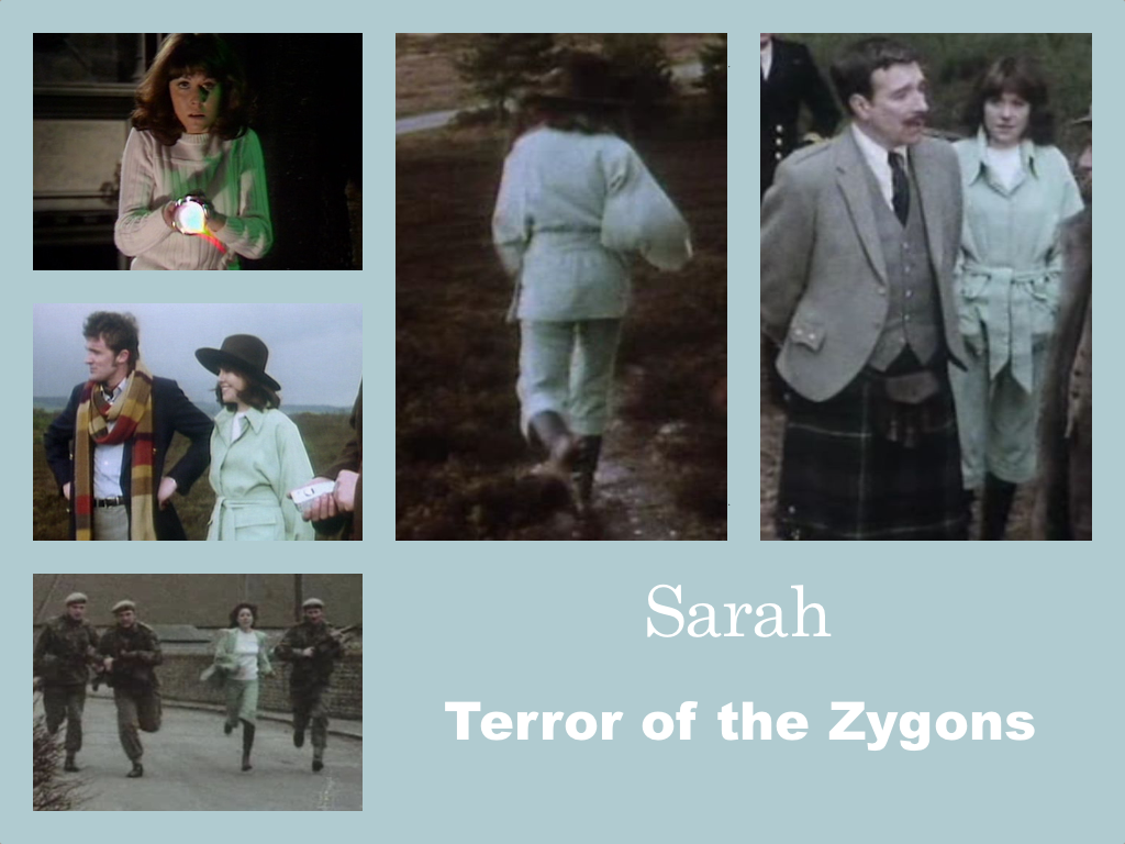 Selection of images of Sarah's outfit from Terror of the Zygons. Minty green culottes with a matching jacket belted at the waist. A white ribbed pullover. Brown leather boots. In one shot she is wearing the Doctor's hat.