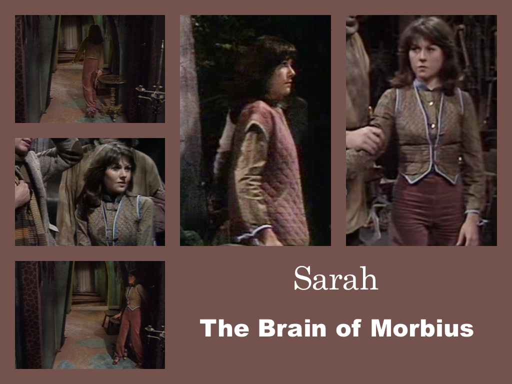 Selection of images of Sarah's outfit from The Brain of Morbius. A brown shirt with a brown quilted waitcoast over it and a pinkish quilted sleeveless jacket of that in some shots Pinkish velvet trousers gathered at the angle with some kind of frill and heeled pink shoes.