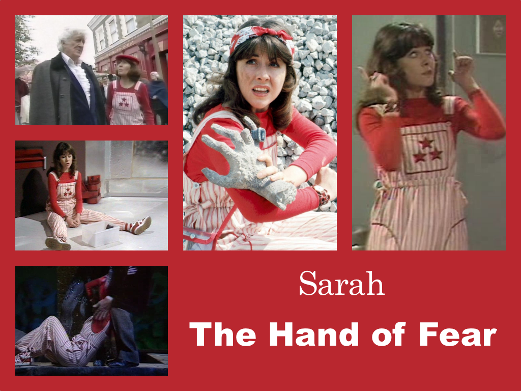 Selection of images of Sarah's outfit from The Hand of Fear. Red and white striped `Andy Pandy' dungarees with a pattern of three red stars on the front. A Red long-sleeved T-Shirt. Red and white striped socks and red trainers with white laces. In one shot she is wearing a red and white tied head band, in another a red beret.