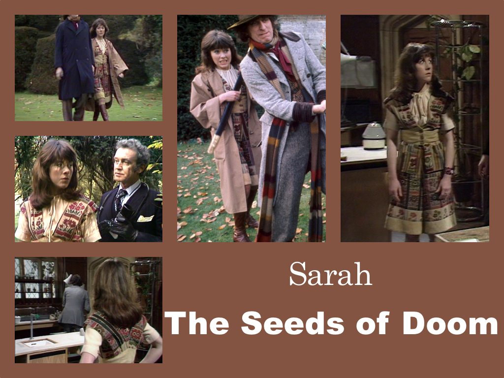 Selection of images of Sarah's outfit from The Seeds of Doom. A pair of coulottes with a matching waistcoat like top in a material patterned with squares containing floral designs in red and green. The top is like a long waistcoat with a wide plain beige panel at the waist. This is over a pale short-sleeved blouse with a tie at the neck. She is wearing knee-length boots. In two shots she has a pinky-beige overcoat on.