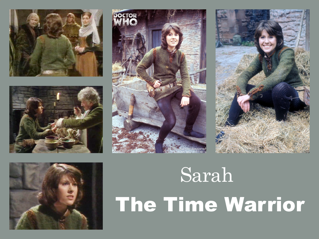 Selection of images of Sarah's outfit from The Time Warrior. Medieval page get up with black leggings and flat shoes. A green woollen tunic with brown lacing at the seams. A leather pouch belt.