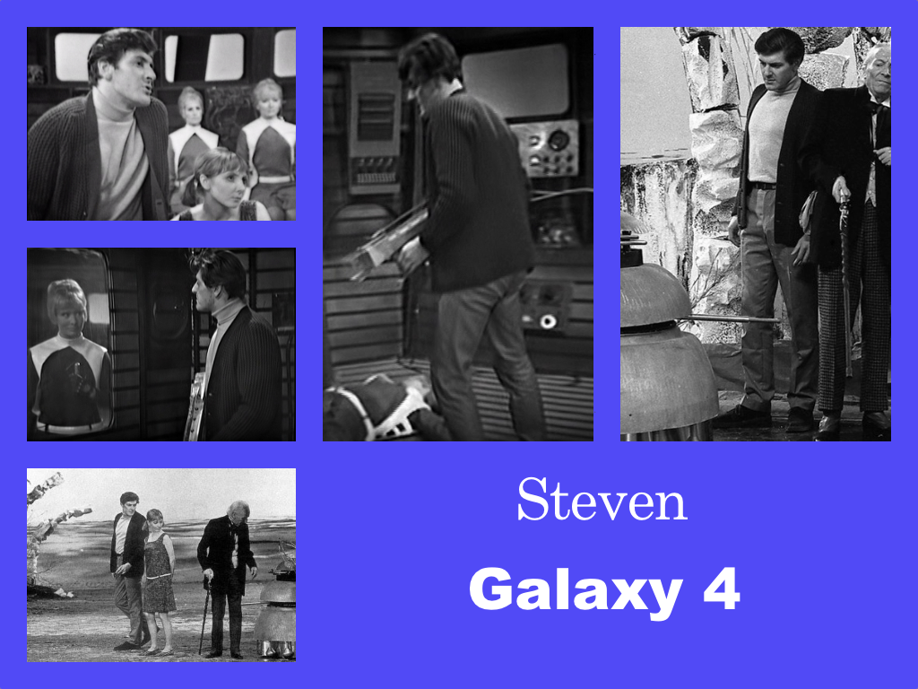 Selection of images of Steven's outfit from Galaxy 4. A white polo neck. Darker trousers - possibly brown or grey and a ribbed cardigan.
