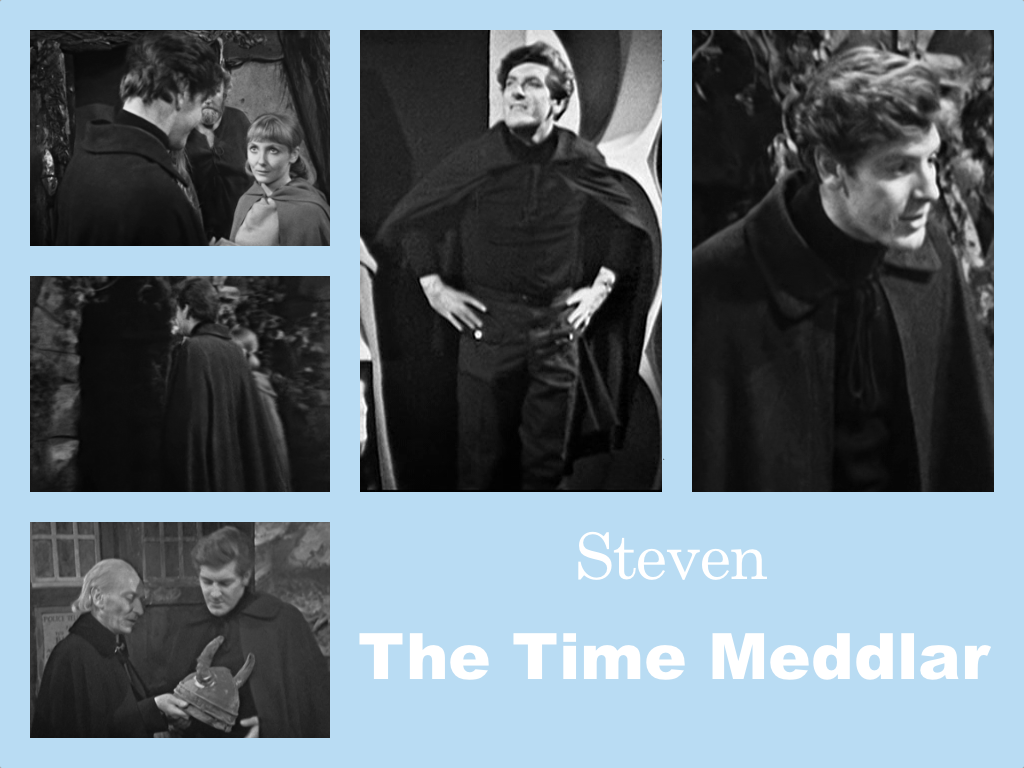Selection of images of Steven's outfit from The Time Meddlar. Black trousers and a black polo neck with a long black cloak over the top.