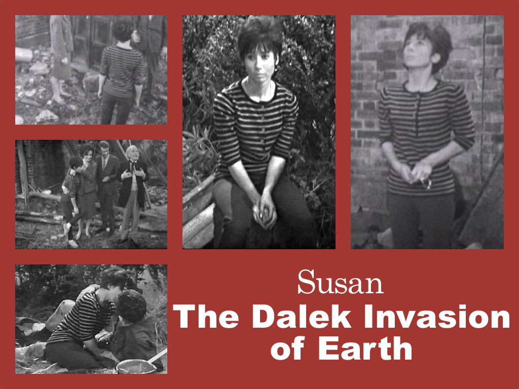 Selection of images of Susan's outfit from The Dalek Invasion of Earth. Ankle-length black trousers and a dark stripey top with three-quarter length sleeves.