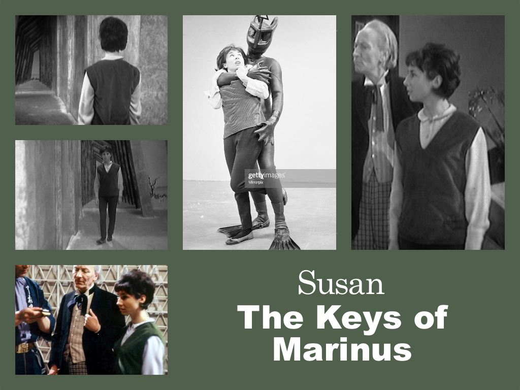 Selection of images of Susan's outfit from The Keys of Marinus. A green sleeveless corduroy tunic over a pale blue shirt. Black trousers and flat shoes.