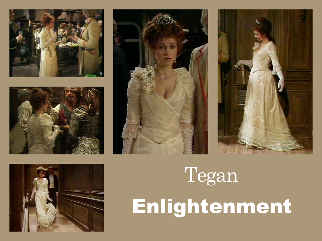 Selection of images of Tegan's outfit from Englightenment. A white Edwardian dress. The bodice has a gauzy crossover detail. The sleeves are elbow length with lace cuffs and then lacey long gloves. There is a white blossom style ornament on one shoulder. She is wearing a tiara and carrying a fan that can hang from her wrist. There is a loop on the long skirt that allows her to lift up the train as she walks.