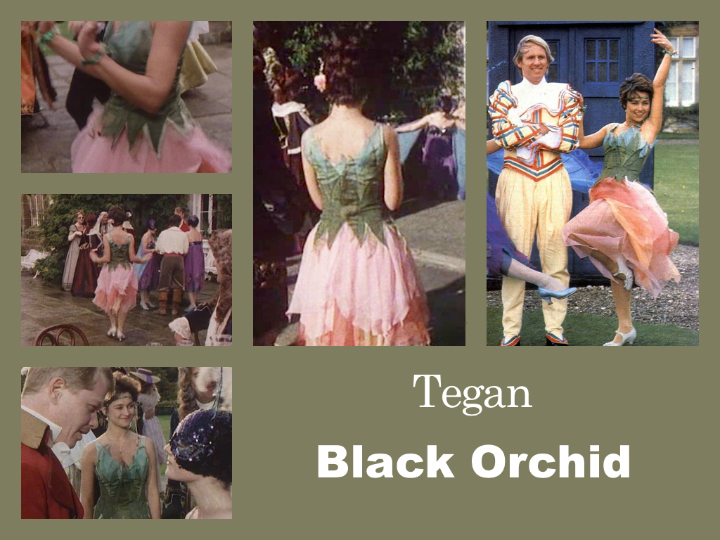 Selection of images of Tegan's outfit from Black Orchid. A flower fairy costume with a green bodice made to look like vertical leaves and a pink layered skirt with hints of orange made to look like the petals of a flower. A green headband crosses her forehead with a pink lower at one side. White low-heeled dancing shoes.