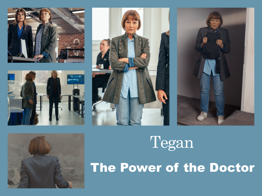 Selection of images of Tegan's outfit from Power of the Doctor. A green/grey military-style jacket over a light blue shirt and jeans. White trainers.
