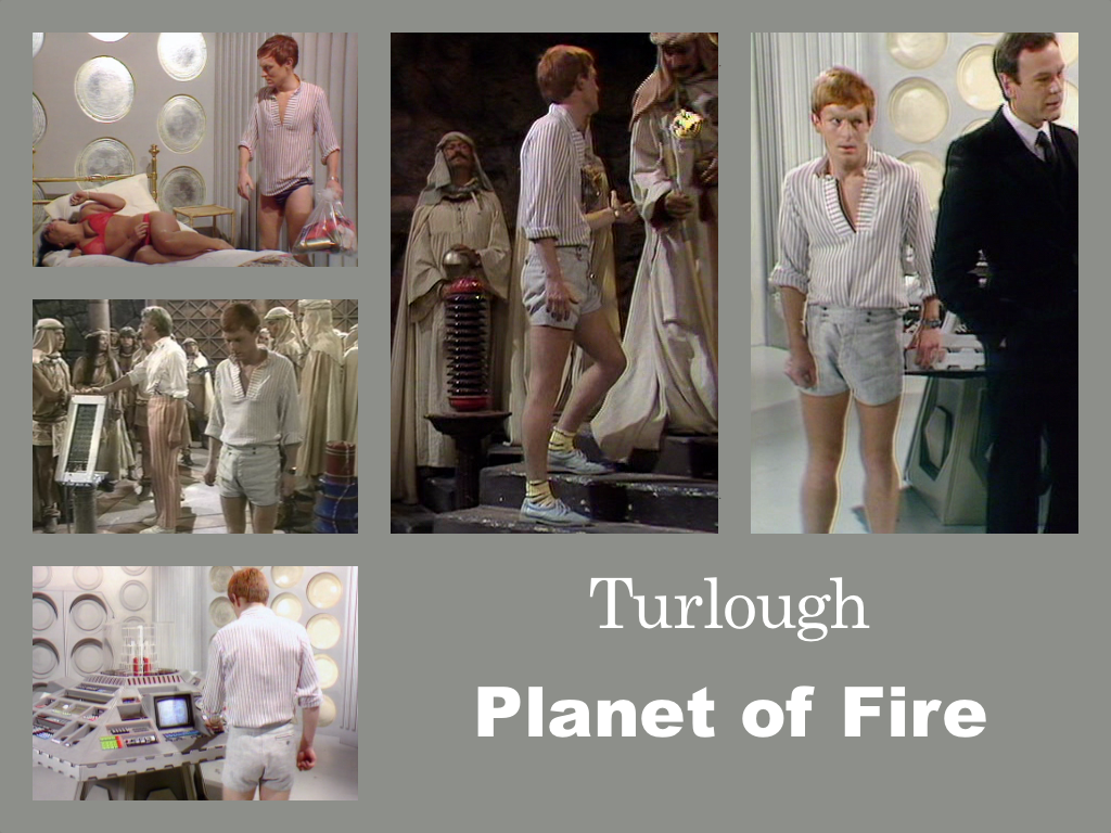 Selection of images of Turolough's outfit from Planet of Fire. A blue and white striped pullover shirt, with rolled up sleeves. Blue denim shorts - in one shot we can see his dark blue speedo underneath. Yellow and blue striped socks. Blue lace up shoes.