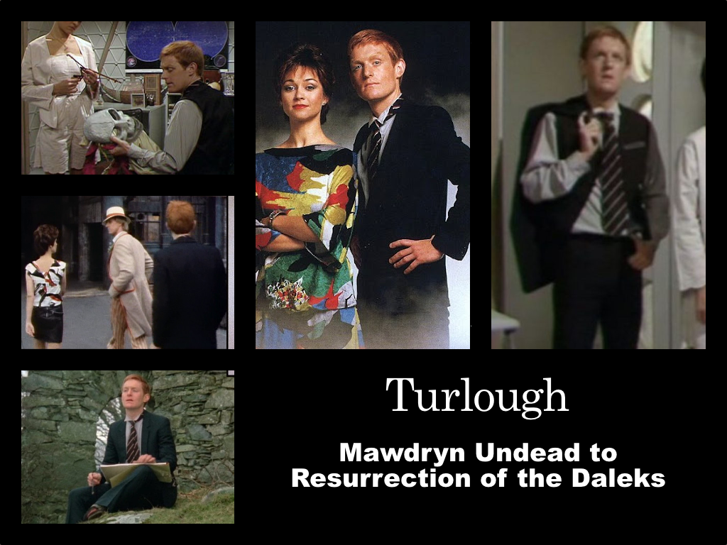 Selection of images of Turlough's outfit from most of his episodes. A school uniform consisting of a black suit, black waistcoat, white shirt and stripey tie.