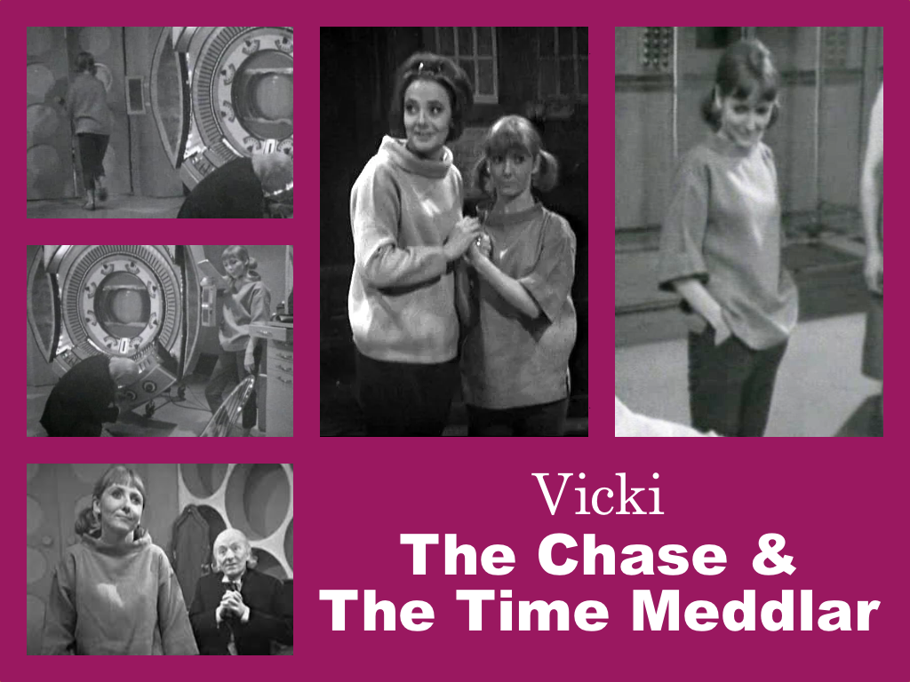 Selection of images of Vicki's outfit from The Chase and The Time Meddlar. A short sleeved baggy tunic with a wide polo neck. Short cut trousers and flat shoes.