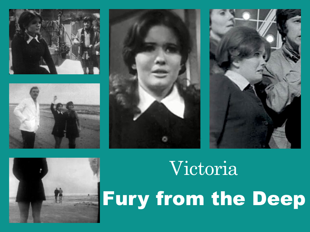 Selection of images of Victoria's outfit from Fury from the Deep.  A black mini-dress with a white collar.
